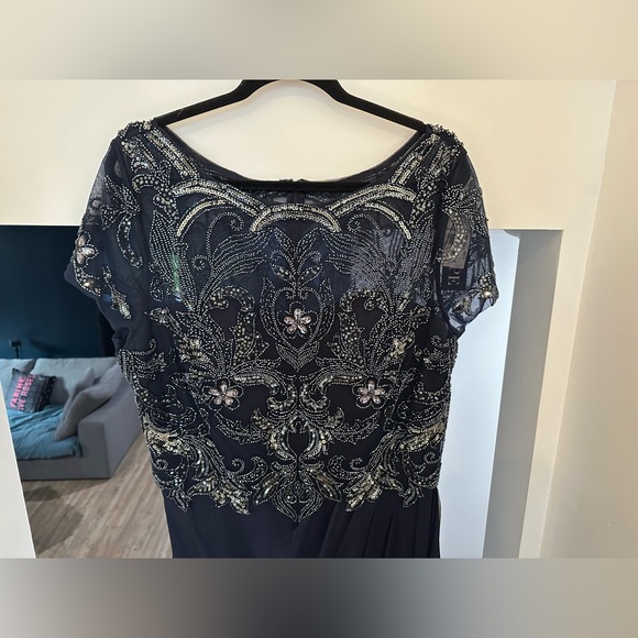 Xscape Dress Navy Blue Illusion Beaded Chiffon Ruched Gown NWT Formal - Picture 3 of 11